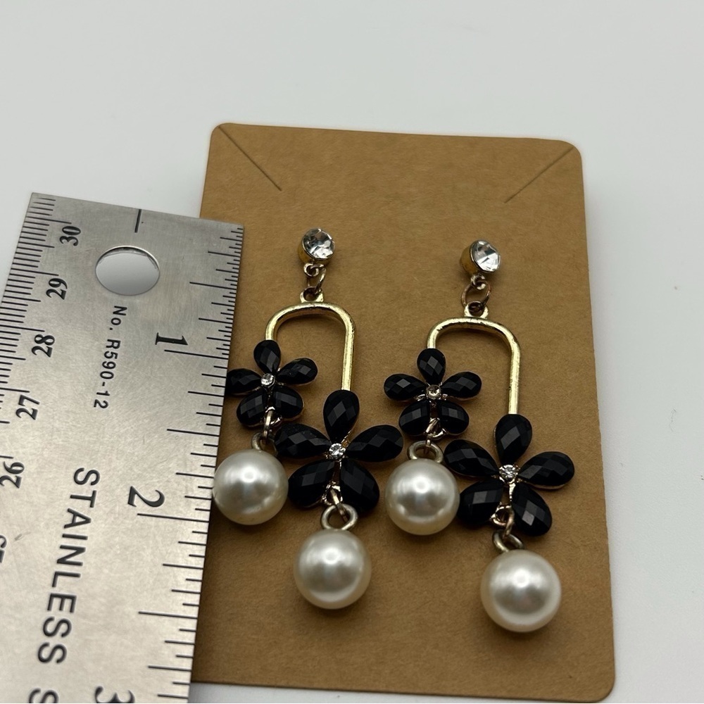 Gold Tone Stud Dangle Earrings with Black Enamel Flowers and Faux Pearls - Picture 4 of 4